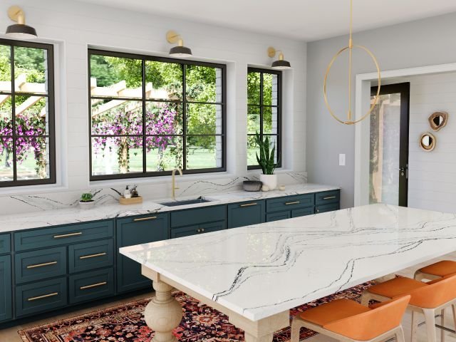 Cambria Portrush quartz countertop and island in a kitchen with teal cabinets