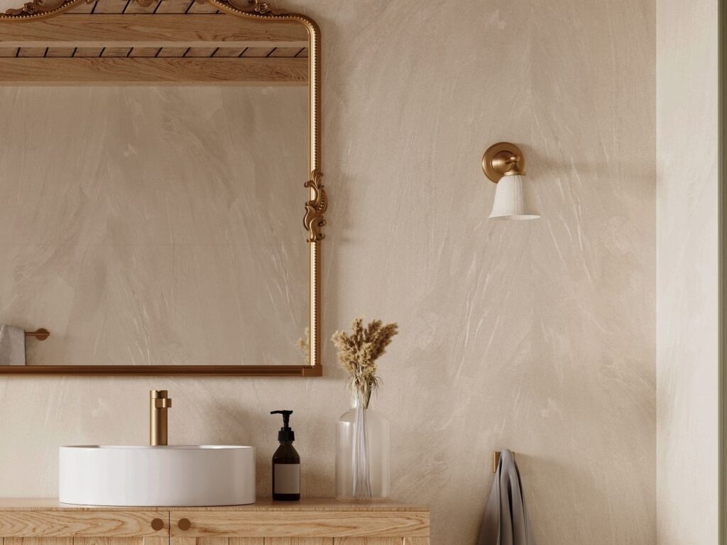 Fibo beige stone wall panels in a bathroom with a wood vanity