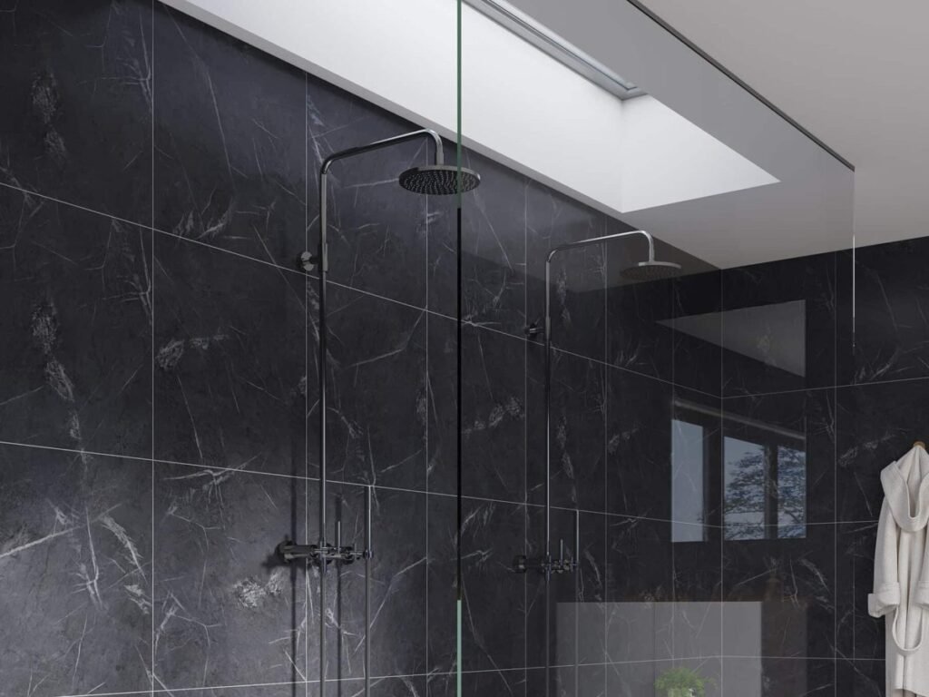 Fibo black marble wall panels in a walk-in shower