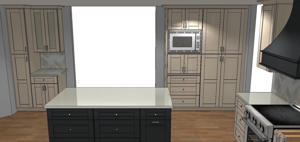 3D line render of a pantry wall with a built-in microwave cabinet and a dark island