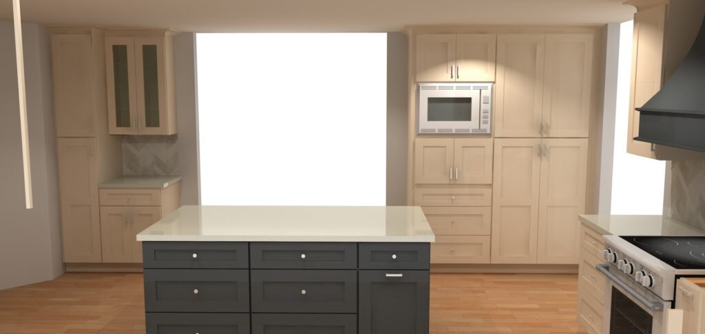 Photoreal 3D render of the same pantry wall in light wood shaker cabinets
