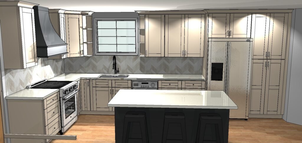 3D line drawing of a shaker kitchen layout with a black island, range hood and tall pantry cabinets, drawn by Land of Cabinets