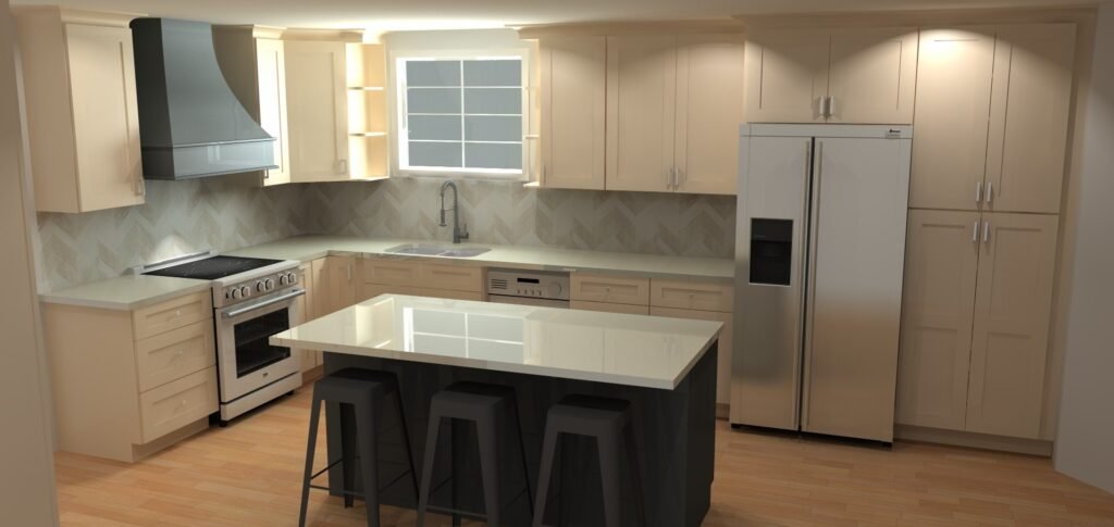 Free 3D kitchen design by Land of Cabinets: white shaker cabinets, a black island and a stainless range hood