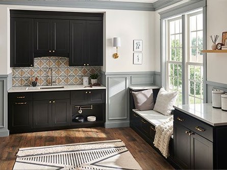 Black kitchen cabinets with Jeffrey Alexander hardware