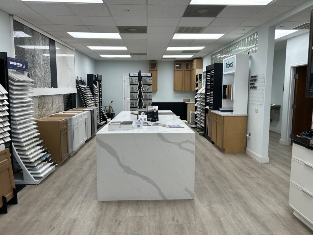 Design and samples room with Tribeca doors and a Vicostone quartz island