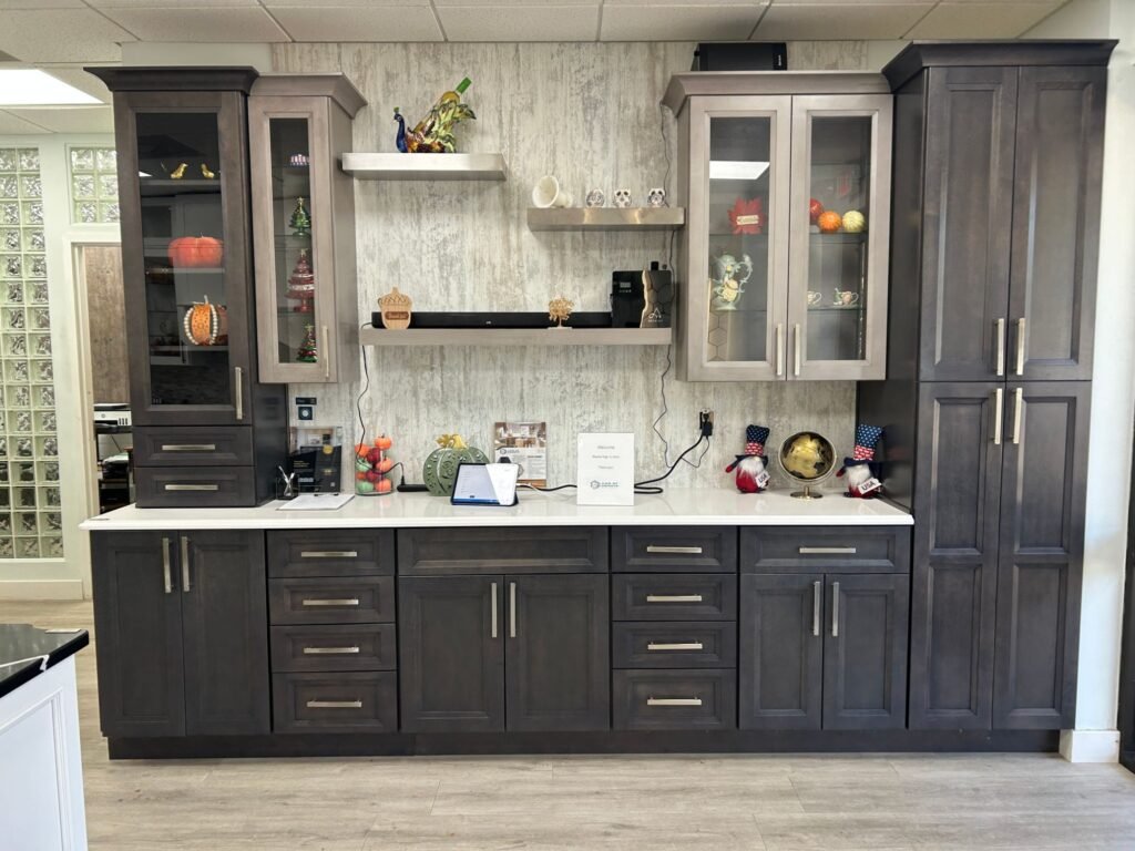 Espresso and gray wall cabinet display