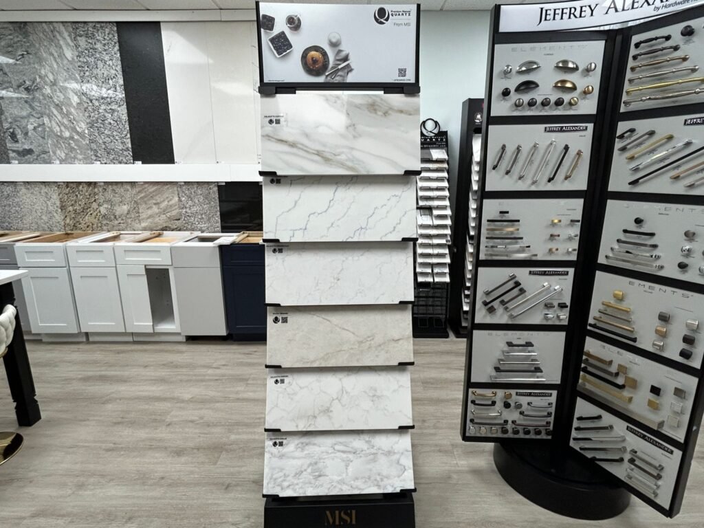 MSI quartz samples and Jeffrey Alexander cabinet hardware on display at Land of Cabinets
