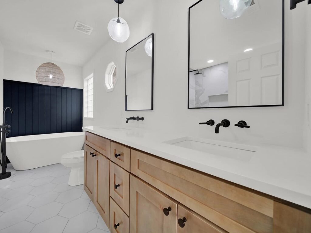 L&C Cabinetry Honey Shaker double bathroom vanity with a white quartz top