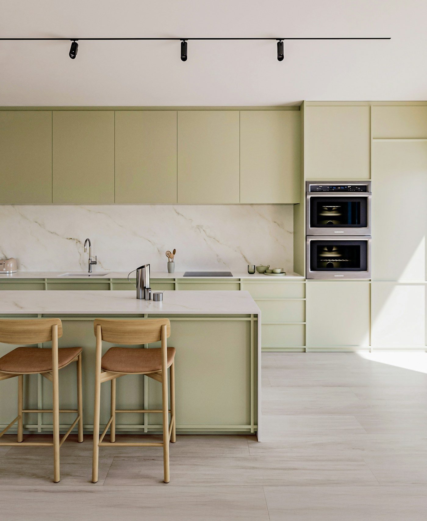 Dekton Keena kitchen with soft white surface and golden veining