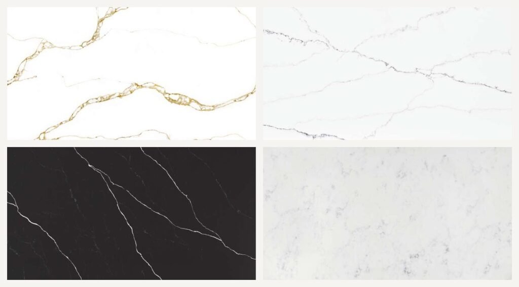 MODA quartz color samples: Calacatta Lincoln, Calacatta Nero, Nero Marquina and Shadow