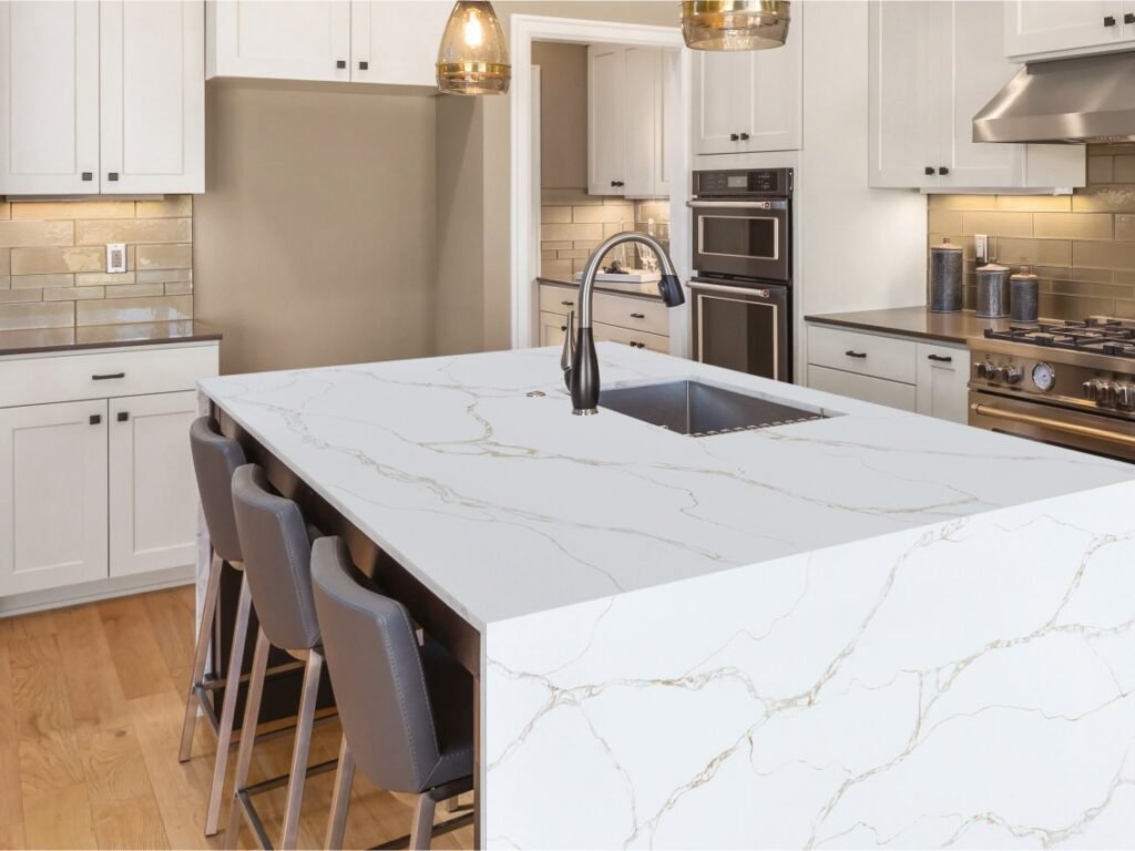 MODA quartz countertop island with white veining in a kitchen