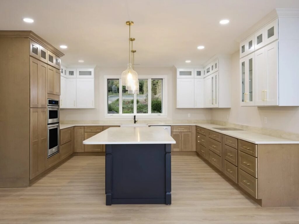 Timberpeak two-tone kitchen with wood base cabinets and white uppers