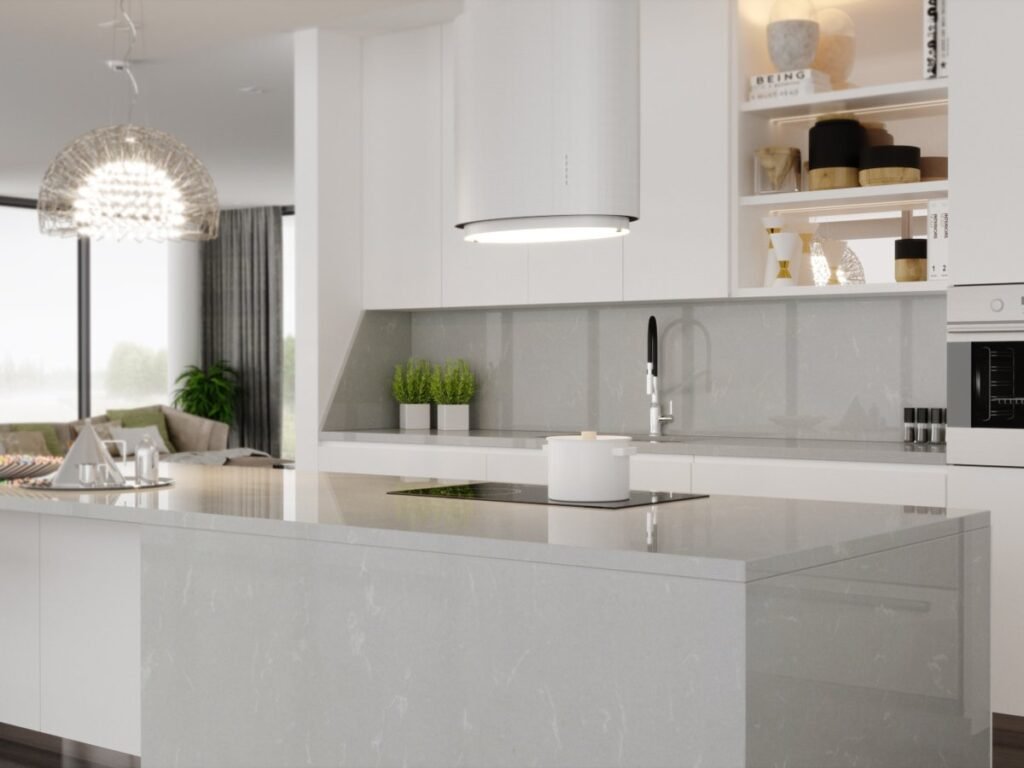 Vicostone Classic Collection quartz countertops in a white kitchen