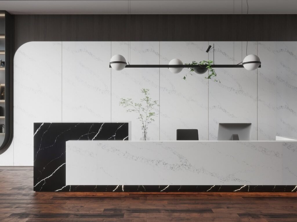 Vicostone Exotic Collection white veined quartz island and wall