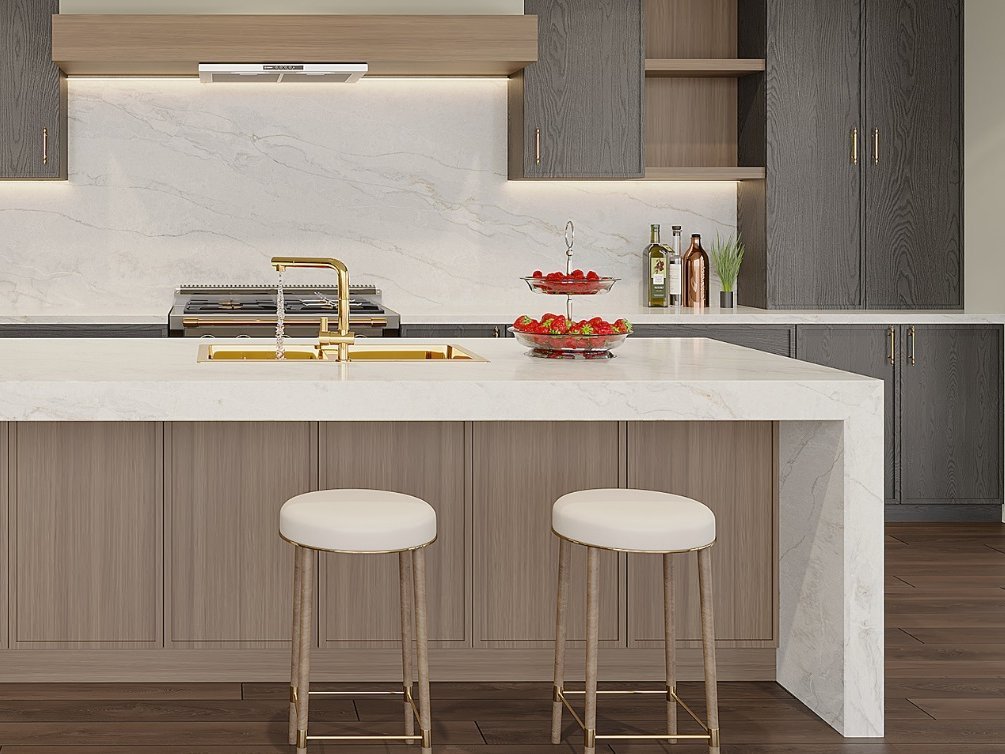 Vicostone quartz waterfall island and backsplash in a kitchen with wood cabinets