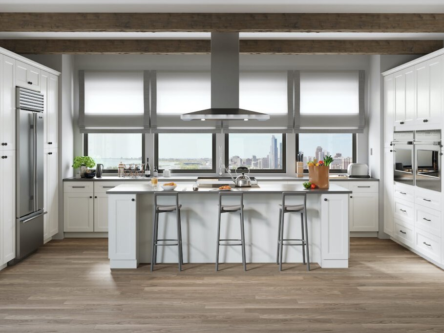 Wellkraft Gloria White kitchen with an island and tall pantry cabinets